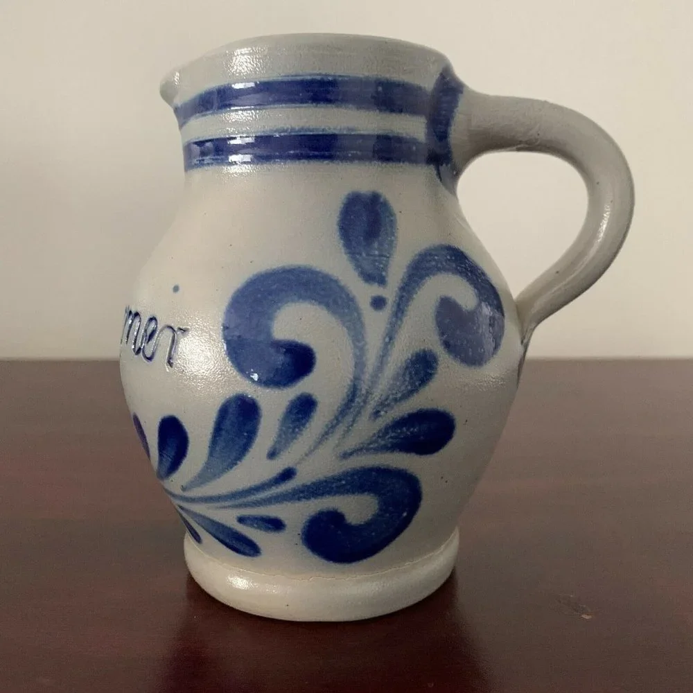 VTG 5” German HANDARBEIT Salt Glazed Cobalt Light Blue Pottery Pitcher A. Wagner - Picture 1 of 11